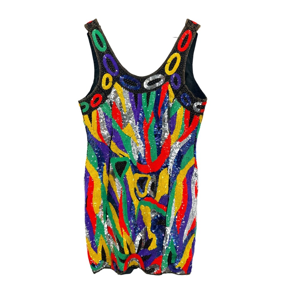 Channa Vtg Pure Silk Rainbow Sequin Dress Hand Beaded Abstract Geometric M FLAW